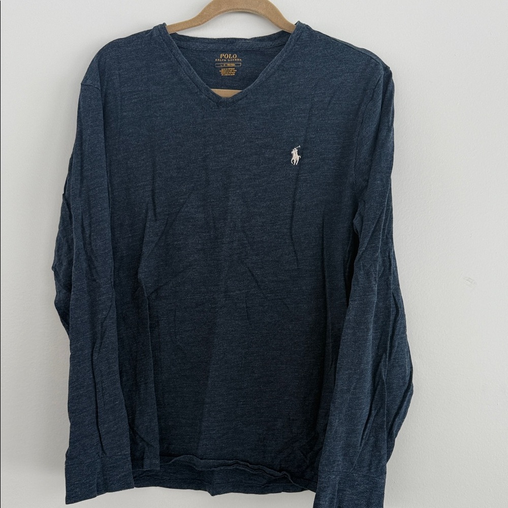 Polo by Ralph Lauren Men's Heather Blue  Long Sleeve V-Neck Shirt, Size Large